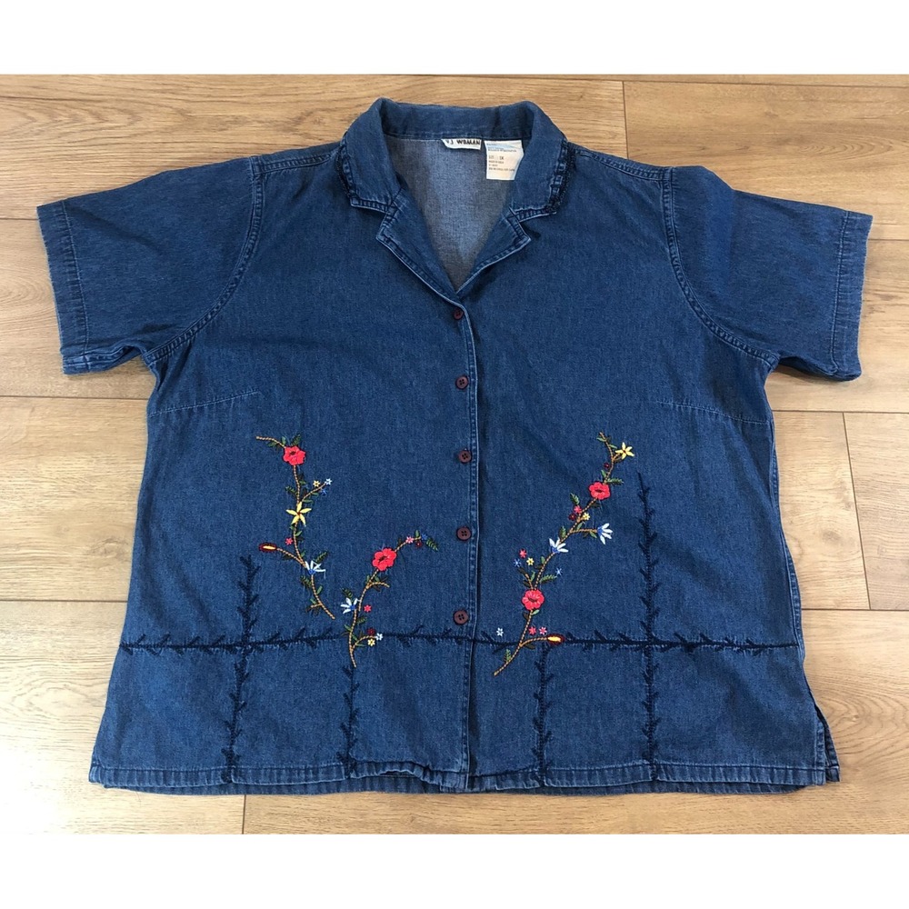 Vtg VJ Woman Shirt Womens 1X Blue Denim Floral Embroidered Button Up Gramacore